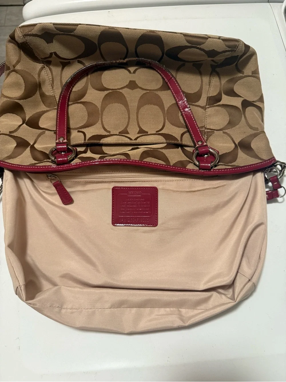 Coach Beige Signature Canvas Shoulder Bag with Red Trim